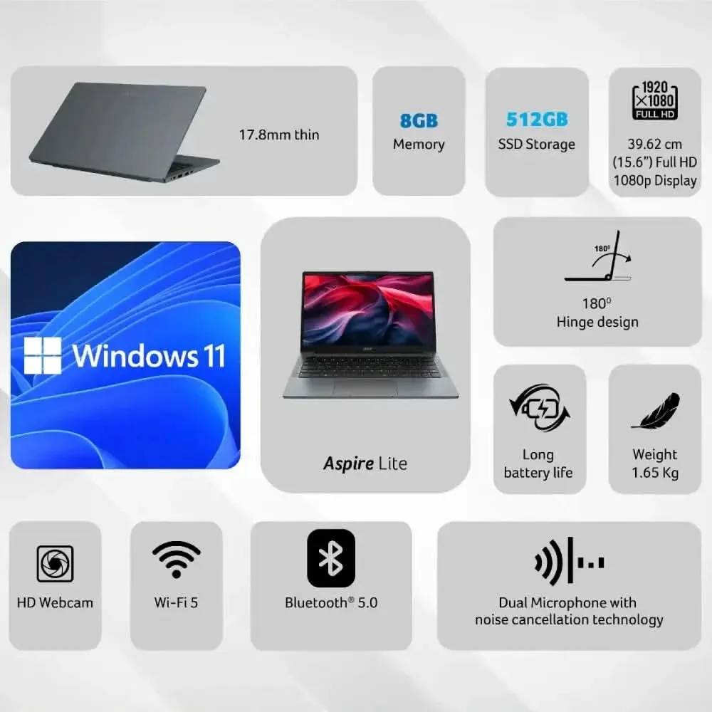ACER Aspire Lite AL15-42 UN.378SI.00D, RYZEN-3 7330U, 8GB RAM, 512GB SSD, Windows 11 Home, 15.6 inch Full HD IPS, 1.65 kg, Grey