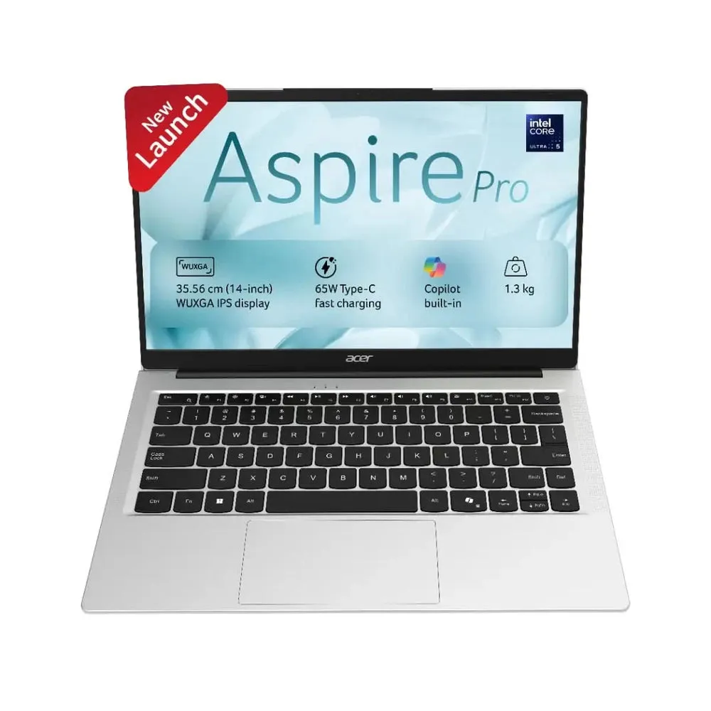 Acer Aspire Pro UN.37SSI.002, Intel Core Ultra 5 125H, 8 GB RAM, 512 GB SSD, Windows 11 Home and MS Office, Intel UHD Graphics, 14 inch Display, Light Silver, AP14-55, 1.3 kg Thin and Light Laptop