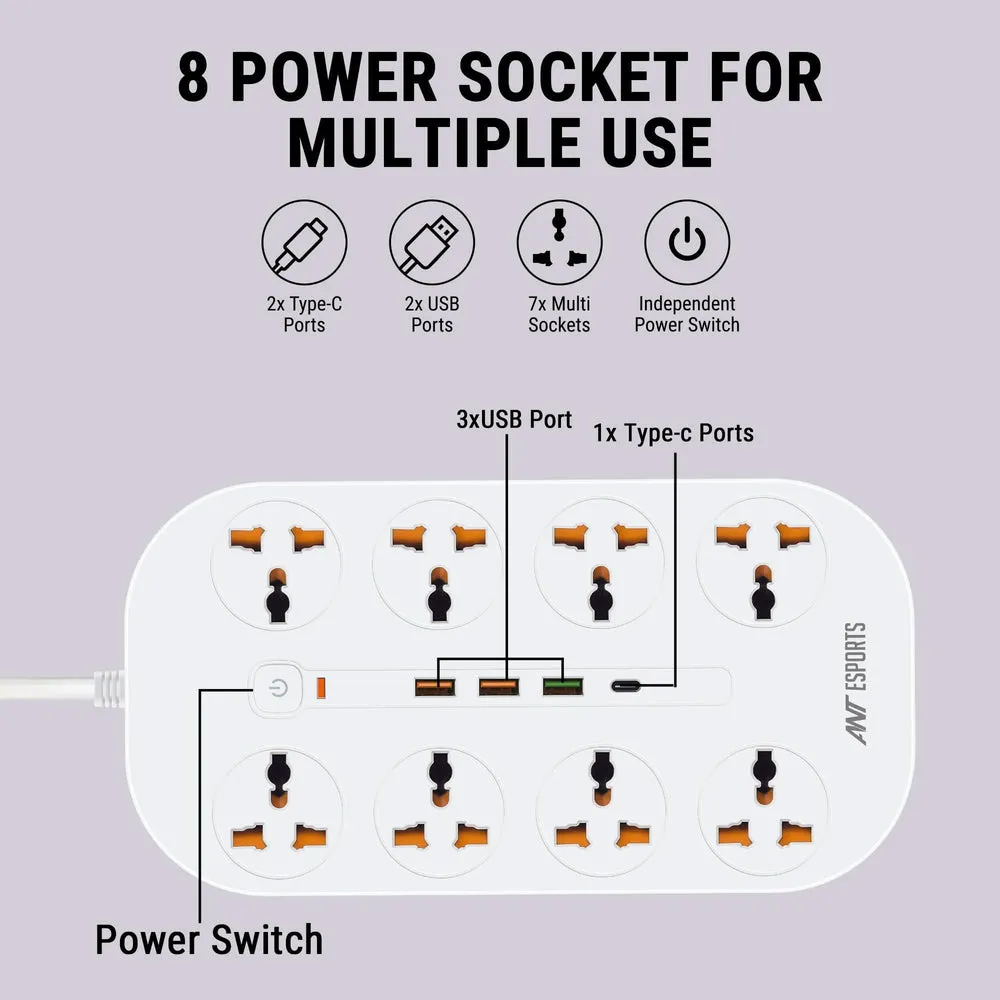 ANT ESPORTS PS831 UNIVERSAL POWER STRIP WITH USB & TYPE C WITH 8 UNIVERSAL SOCKETS, 3 METERS CABLE