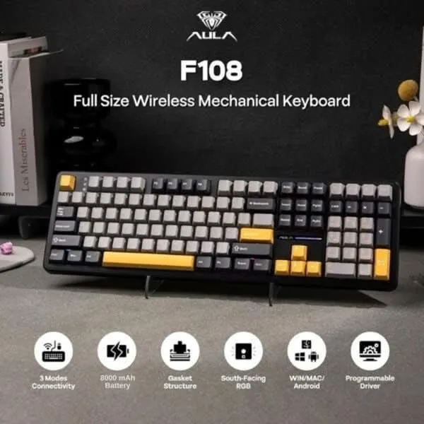 AULA F108 Tri-Mode Wireless Mechanical Gaming Keyboard, Grey and Yellow, Volcanic Axis Linear Switch, RGB, Hot-Swappable, Full Size