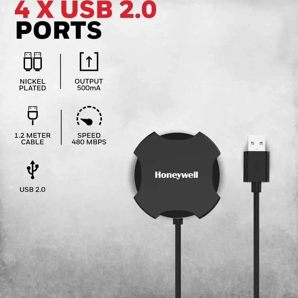 Honeywell 4 in 1 Ultra Slim USB Hub 2.0,1.2Meter(4 feet) Cable, with a Transfer Speed of 480MBPS, Universally Compatible with All USB PC Speaker Laptop Hard Drive Keyboard Printer Pen Drive