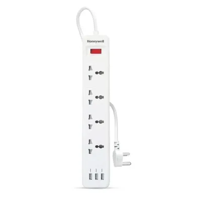 Honeywell 4 Outlet Extension Board with Master Switch, 6 Amps, 250V, 3xUSB, 4 International Sockets, Pure Copper, 6 Advanced Safety Features, 2 Mtr Power Cord, BIS Certified, 1 yr Warranty