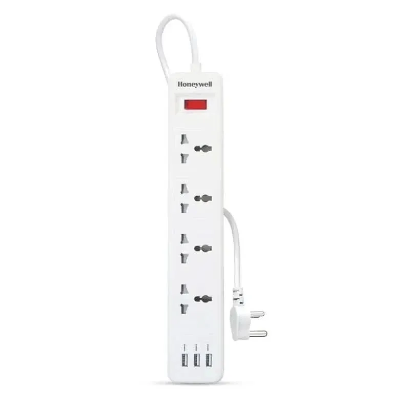 Honeywell 4 Outlet Extension Board with Master Switch, 6 Amps, 250V, 3xUSB, 4 International Sockets, Pure Copper, 6 Advanced Safety Features, 2 Mtr Power Cord, BIS Certified, 1 yr Warranty
