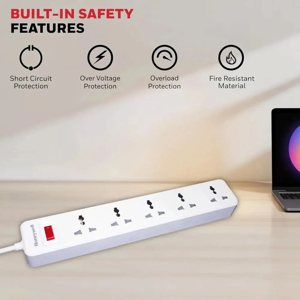 Honeywell 5 Outlet Extension Board with Master Switch, 6 Amps, 250V, 5 International Sockets, Pure Copper, 6 Advanced Safety Features, 2 Meter Power Cord, BIS Certified, 1 Year Warranty