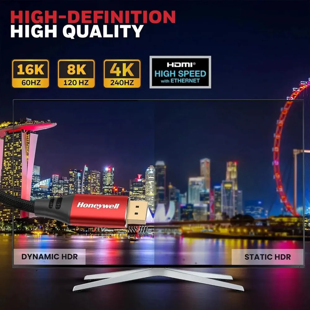 Honeywell Display Port To Display Port 2.1 Cable, 16K@60Hz UHD Resolution, 2 meter, 40 GBPS Transmission Speed, Male to Male, Compatible with TV, Laptop, Projector, Monitor, etc