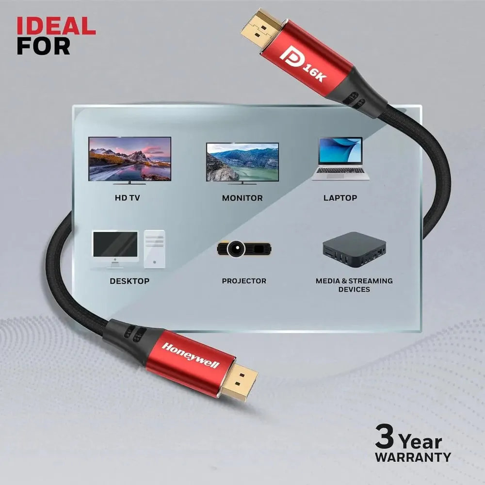 Honeywell Display Port To Display Port 2.1 Cable, 16K@60Hz UHD Resolution, 2 meter, 40 GBPS Transmission Speed, Male to Male, Compatible with TV, Laptop, Projector, Monitor, etc