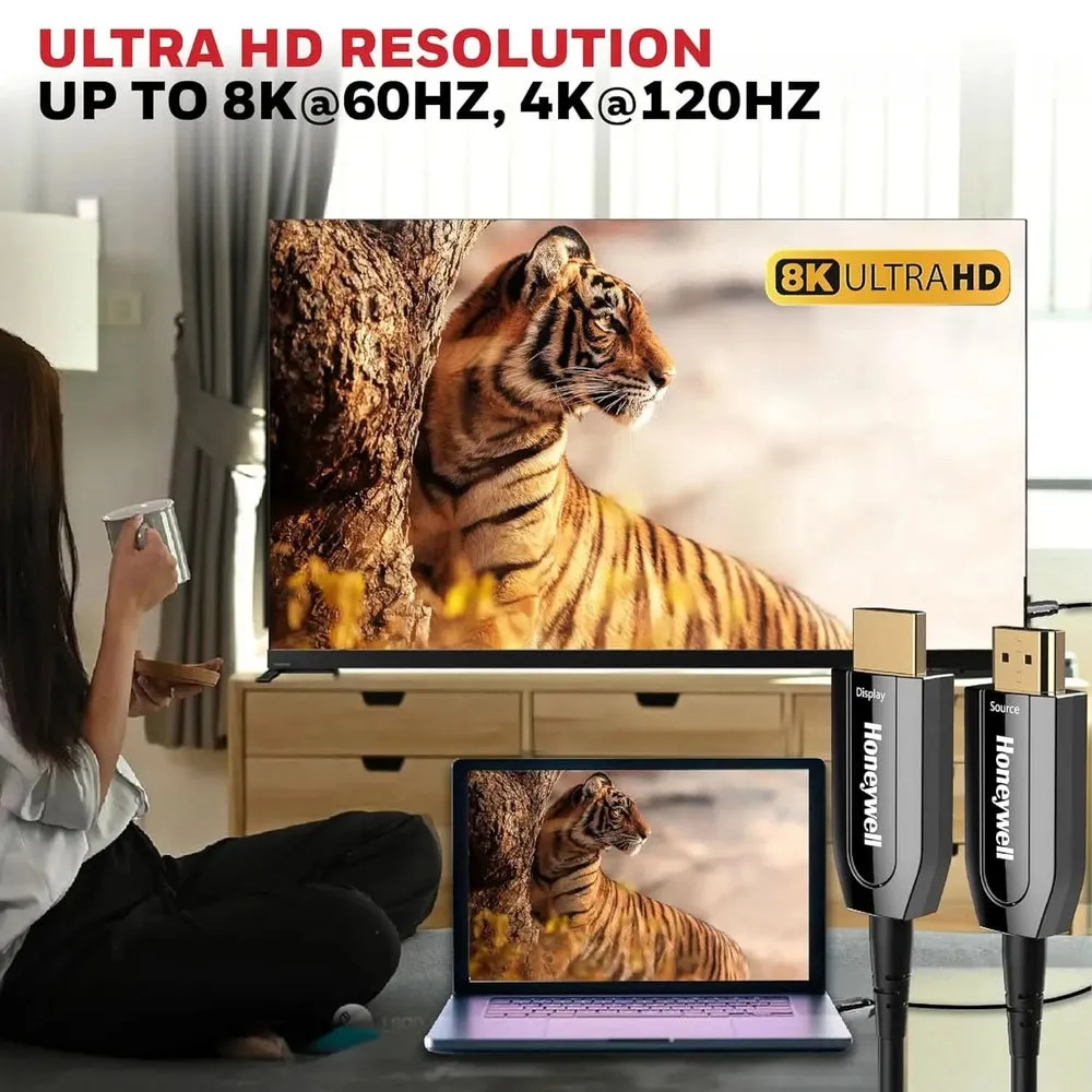 Honeywell HDMI AOC 2.1 Complaint 10 Meters, Transmission Speed of 48GBPS, Supports UHD Resolution of 8K@60Hz, Male-to-Male, High-Speed Fiber Optics Cable, Compatible with TV, Gaming Console, etc.