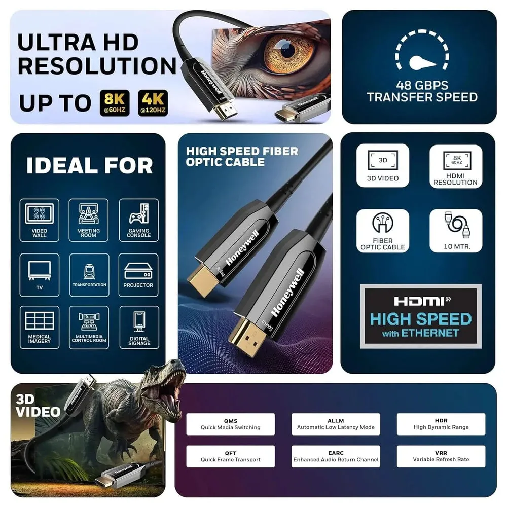 Honeywell HDMI AOC 2.1 Complaint 10 Meters, Transmission Speed of 48GBPS, Supports UHD Resolution of 8K@60Hz, Male-to-Male, High-Speed Fiber Optics Cable, Compatible with TV, Gaming Console, etc.