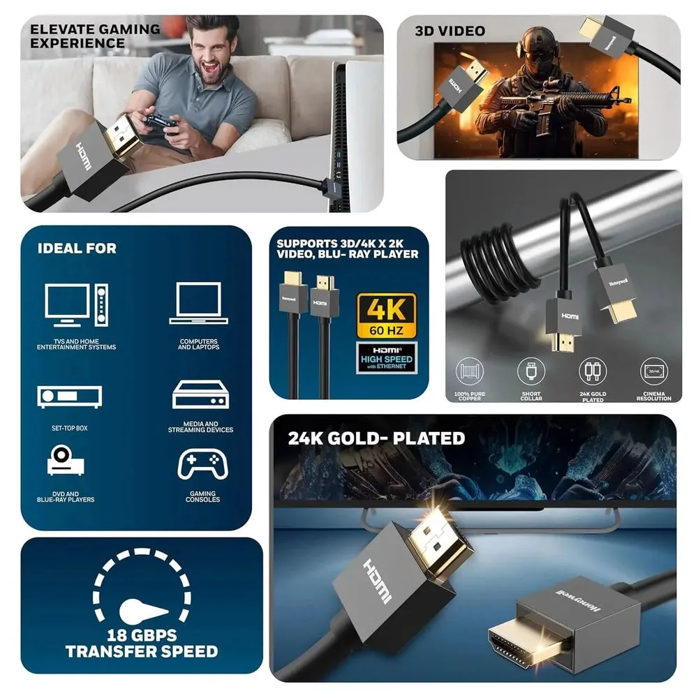Honeywell HDMI Cable v2.0 with Ethernet, 3D/4K@60Hz Ultra HD Resolution, 20 Mtr, 18 GBPS Transmission Speed, High Speed, Compatible with all HDMI Devices Laptop Desktop TV Set-top Box Gaming Console