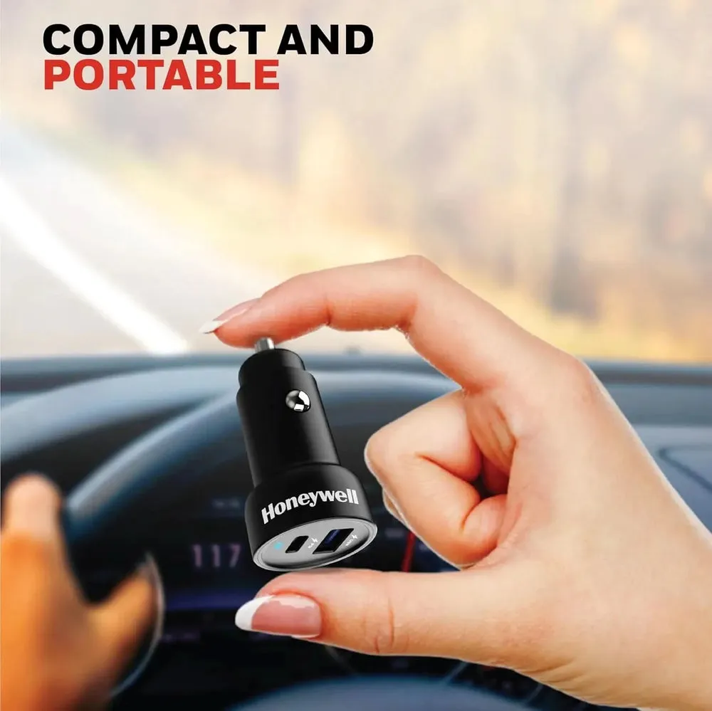 Honeywell Micro CLA 18W PD Smart Car Charger, Dual Port 1XType C & 1XUSB A, Ultra-Fast Charging, Compatible with all Smartphone and Apple Devices (iPhone X and above variants, iPad, Airpods, and more)