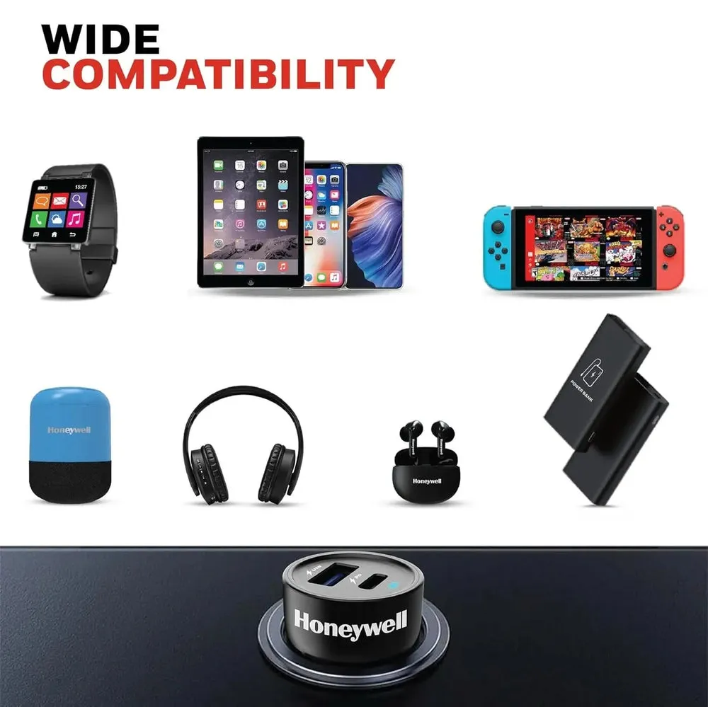 Honeywell Micro CLA 18W PD Smart Car Charger, Dual Port 1XType C & 1XUSB A, Ultra-Fast Charging, Compatible with all Smartphone and Apple Devices (iPhone X and above variants, iPad, Airpods, and more)
