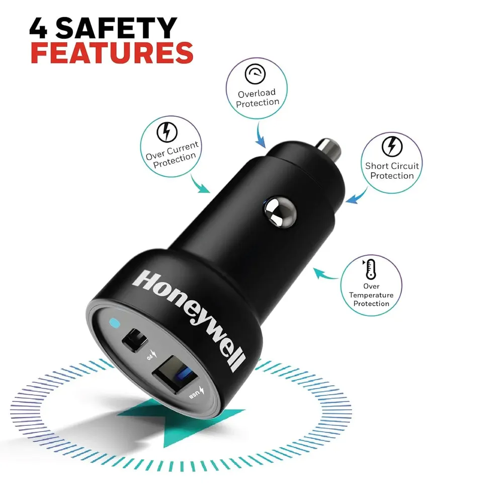 Honeywell Micro CLA 38W PD Smart Car Charger, 1XType C & 1XUSB A Dual Port Charger with Ultra-Fast Charging, Adapter for iPhone and Android, All Smartphones Compatible (iPad, AirPods, iPhone etc)