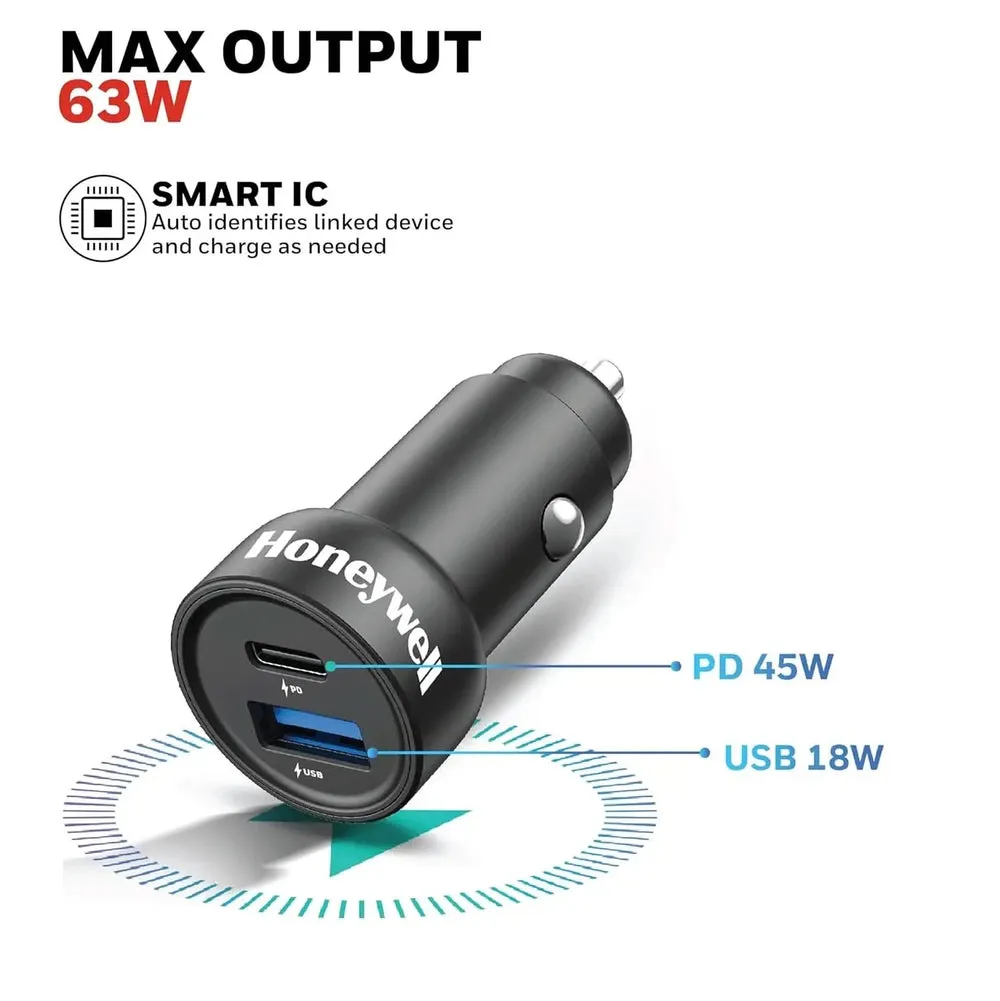 Honeywell Micro CLA 63W PD Smart Car Charger, 45W Type C PD & 18W USB A Port, Ultra-Fast Charging, Compatible with All Car for iPhone, Smartphones, Tablets & Smartwatch, 3 Years Manufacturer Warranty