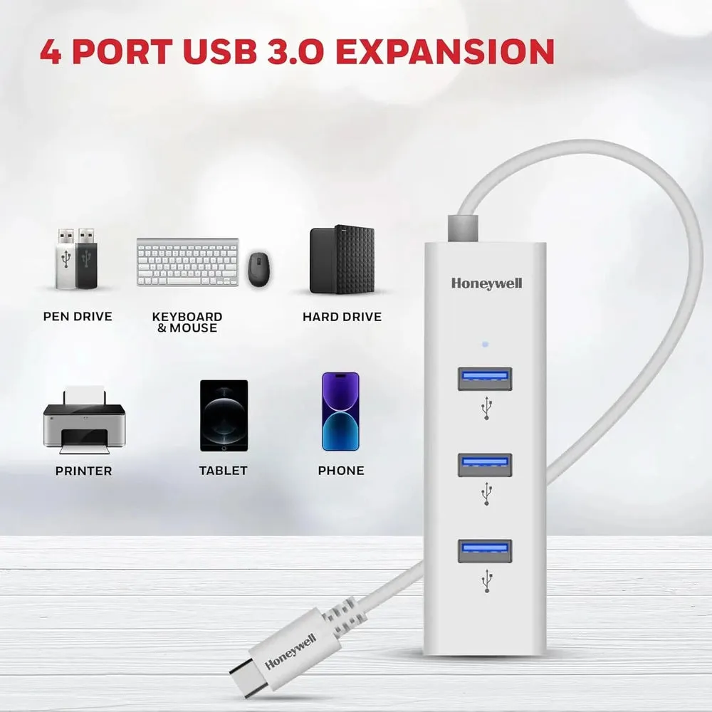 Honeywell Momentum Type C to 4xUSB 3.0 Hub, Super-Fast Transmission Speed 5GBPS, Max Current 900mA per Port, Universally Compatible with All Type C- MacBook, Laptop, PC, Printer, Mobiles, Keyboard