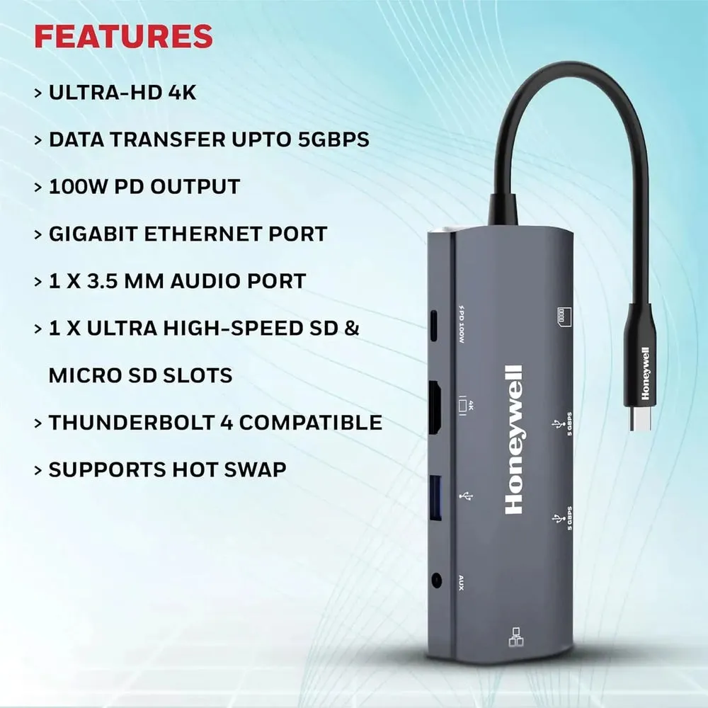 Honeywell New Launch 9-in-1 Type C Dock with 4K HDMI, 1GBPS RJ45 Ethernet Port, 2xUSB 3.0, 1xUSB 2.0 & Type C 3.0 PD100W, SD & Micro SD Slot, Audio Port for All Type C Devices- Windows/MacBook