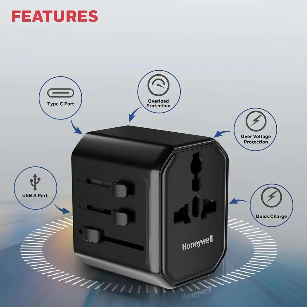 Honeywell New Launch Universal Travel Adapter 12W, 3-in-1 Fast Charging, Universal Socket, TypeC, USBA, Worldwide Wall Charger for EU,US,UK & CN/AUS