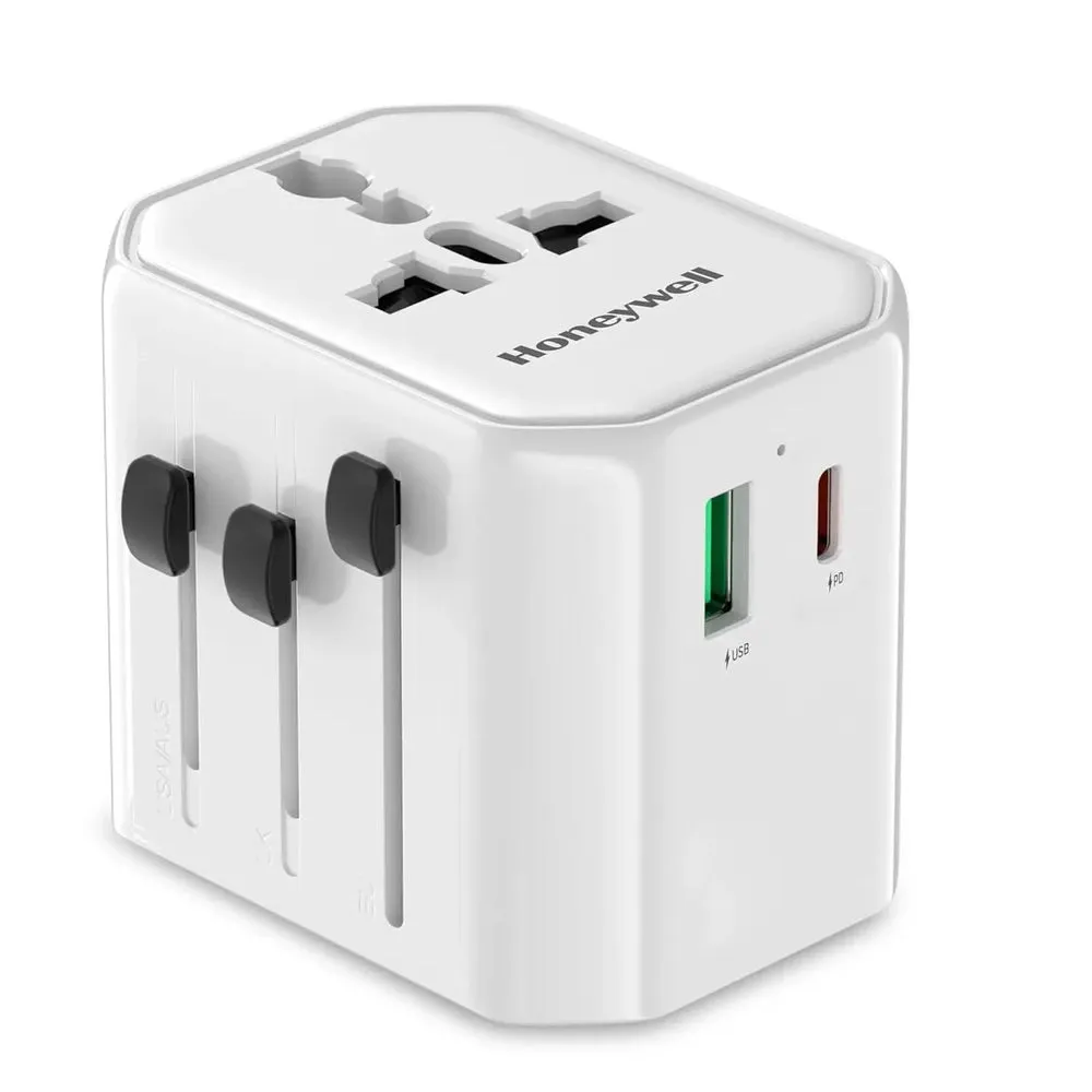 Honeywell New Launch Universal Travel Adapter 12W, 3-in-1 Fast Charging, Universal Socket, TypeC, USBA, Worldwide Wall Charger for EU,US,UK & CN/AUS White