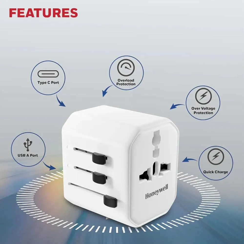Honeywell New Launch Universal Travel Adapter 12W, 3-in-1 Fast Charging, Universal Socket, TypeC, USBA, Worldwide Wall Charger for EU,US,UK & CN/AUS White
