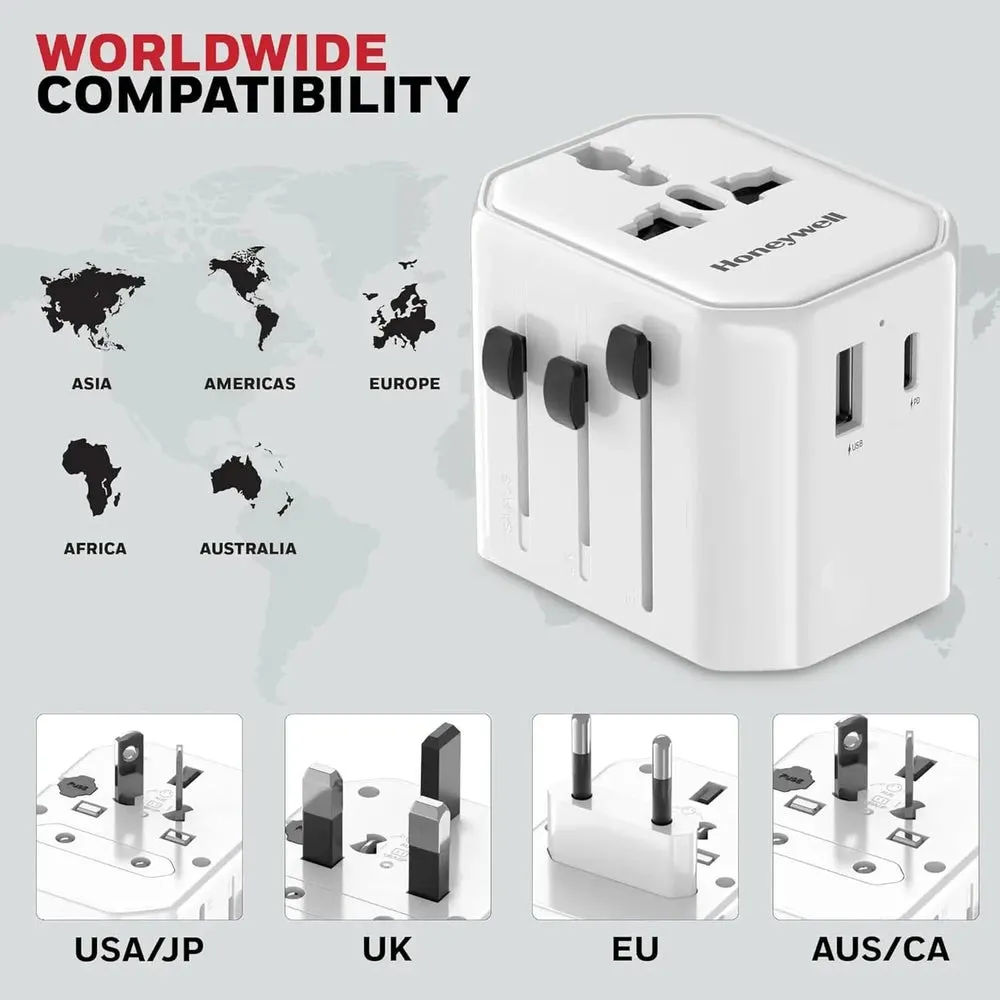 Honeywell New Launch Universal Travel Adapter 38W, 3-in-1 Fast Charging, Universal Socket, TypeC, USBA, Worldwide Wall Charger for EU,US,UK & CN/AUS White