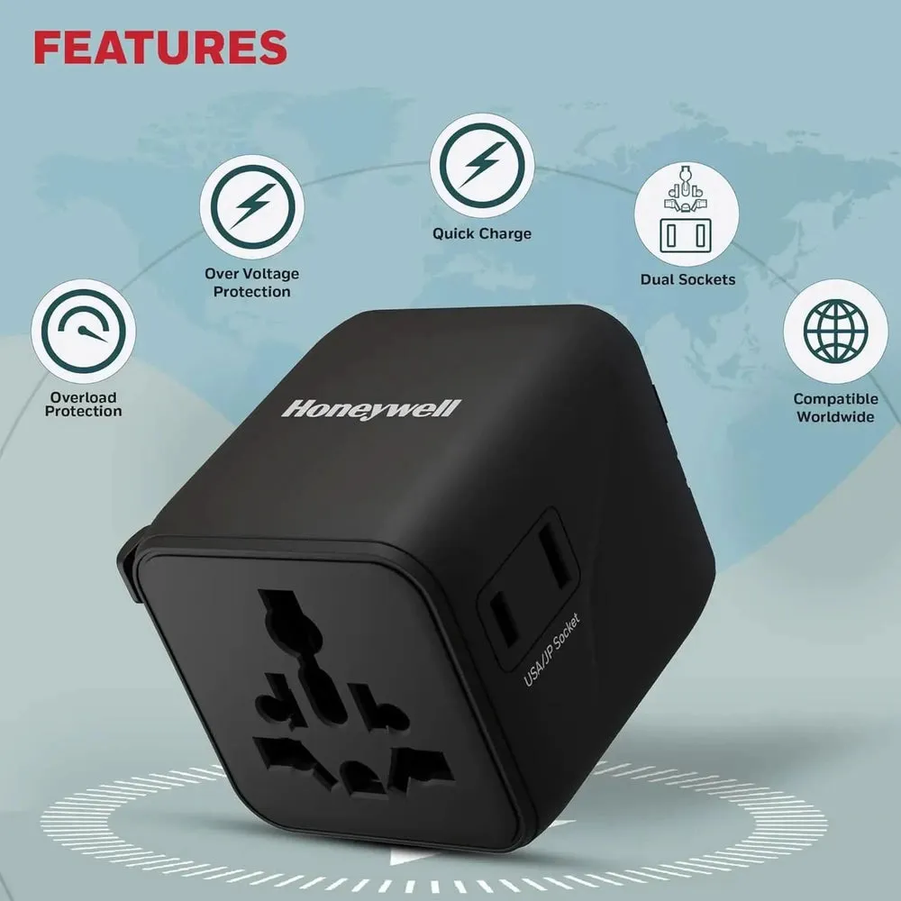 Honeywell New World Travel Adapter, Universal & US Socket, Charge 2 Devices Simultaneously, Worldwide Plug for EU, US, UK & CN/AUS, Overload & Over Voltage Protection