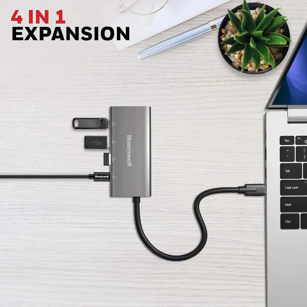 Honeywell Newly Launched Momentum TypeC to 2xUSB 3.2 Gen 2 TypeC Port & 2xUSB 3.2 Gen 2 TypeA Port Hub,10 Gbps Transmission Speed,30 cms,Premium Metallic Finish,Compatible with all Type C Port devices