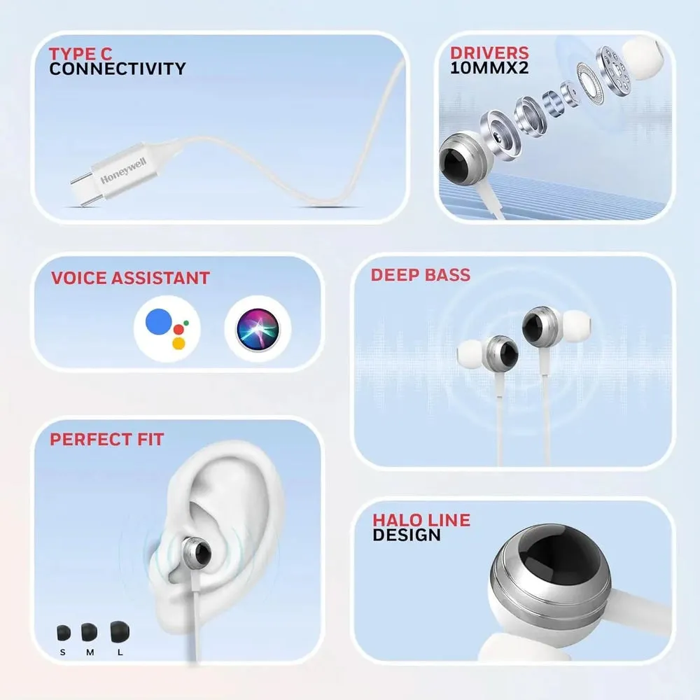 Honeywell Suono P70 Wired in Ear Earphones with Built in Mic 10mm*2 Drivers, Noise Cancelling and Ultra HD Mic, IPX4, Voice Assistant Enabled, HD Sound & Clear Audio, Type C Compatible, 1.2 Mtr