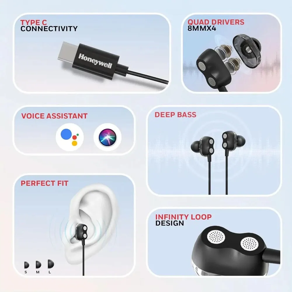 Honeywell Suono P80 Wired Gaming In Ear Earphones with Built-in Mic, 8mm*4 Drivers, IPX4, Noise Cancelling and ultra HD Mic, HD Sound & Clear Audio, Type C Compatible, Voice Assistant Enabled, 1.3 Mtr