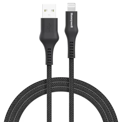 Honeywell USB A to Lightning, 4 Feet (1.2M), Nylon Braided Cable, MFI-certified, QC3.0, 2.4 A Max Output, Fast Charge & Sync Cable for iPhone, iPad, AirPods Black
