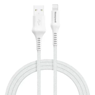 Honeywell USB A to Lightning, 4 Feet (1.2M), Nylon Braided Cable, MFI-certified, QC3.0, 2.4 A Max Output, Fast Charge & Sync Cable for iPhone, iPad, AirPods White