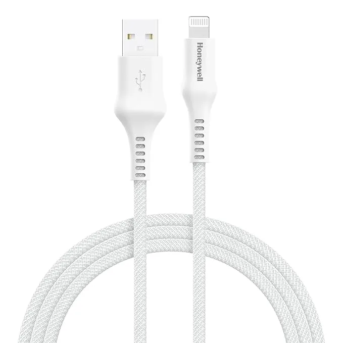 Honeywell USB A to Lightning, 4 Feet (1.2M), Nylon Braided Cable, MFI-certified, QC3.0, 2.4 A Max Output, Fast Charge & Sync Cable for iPhone, iPad, AirPods White
