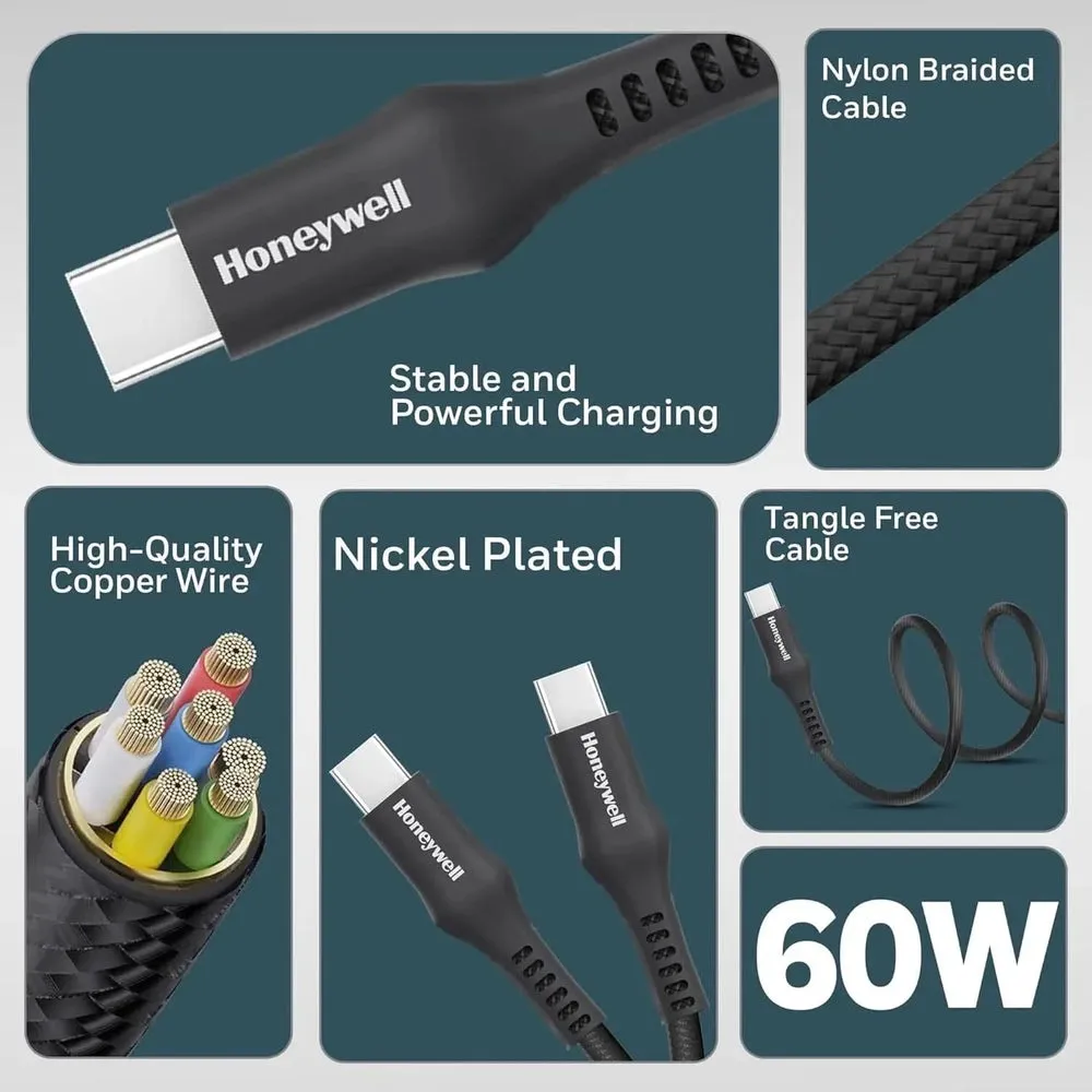 Honeywell USB Type C to Type C Cable, 4 Feet (1.2M), PD 60W, QC 3.0, Fast Charging, Nylon Braided Cable for Apple Devices, Smartphones, Laptops, Power Banks, Tablets, Headphones, Speakers Black