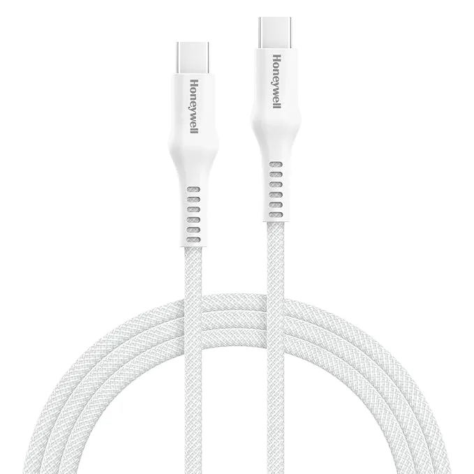Honeywell USB Type C to Type C Cable, 4 Feet (1.2M), PD 60W, QC 3.0, Fast Charging, Nylon Braided Cable for Apple Devices, Smartphones, Laptops, Power Banks, Tablets, Headphones, Speakers White