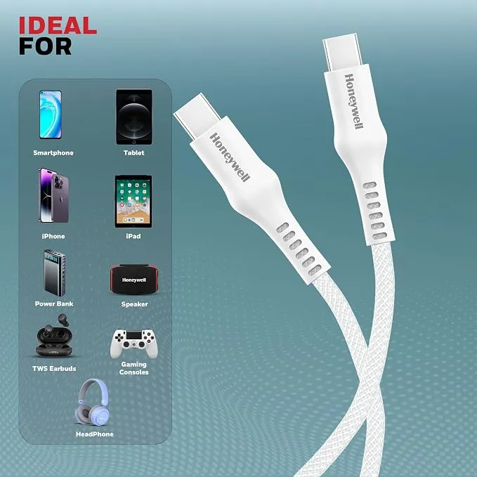 Honeywell USB Type C to Type C Cable, 4 Feet (1.2M), PD 60W, QC 3.0, Fast Charging, Nylon Braided Cable for Apple Devices, Smartphones, Laptops, Power Banks, Tablets, Headphones, Speakers White
