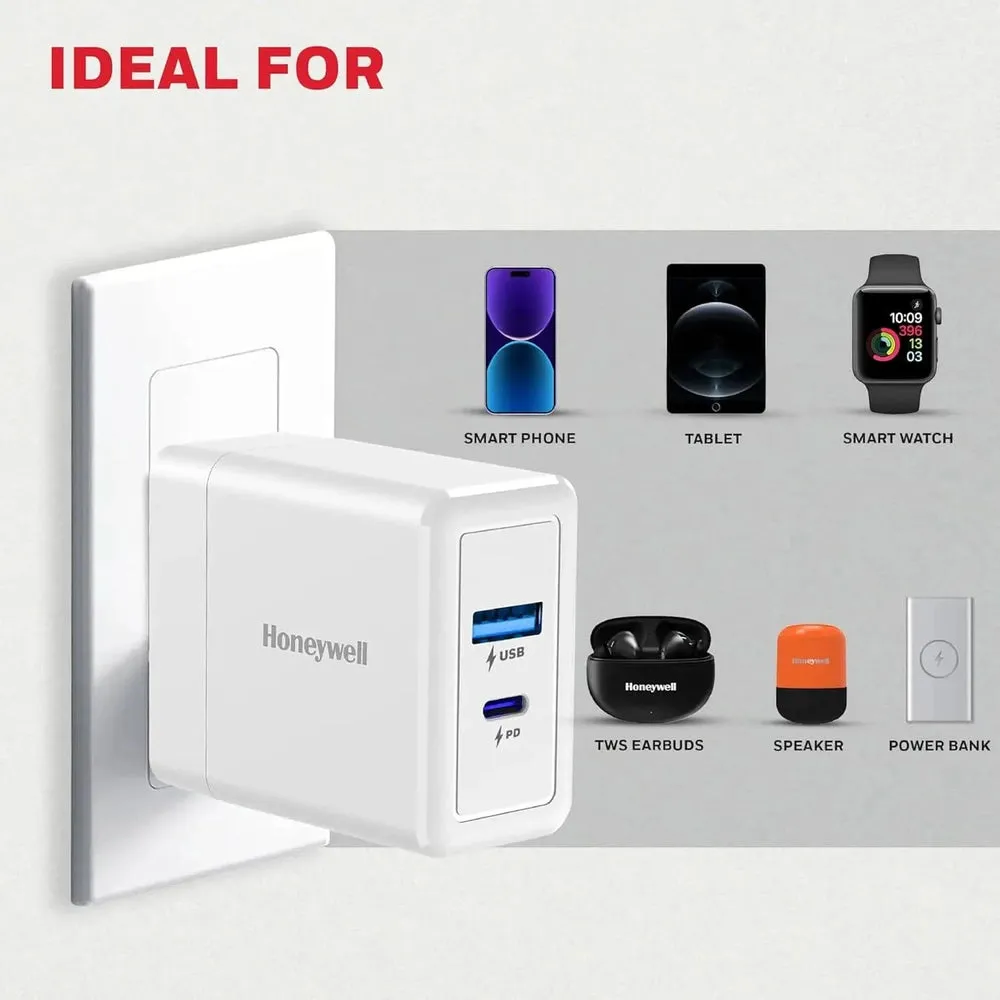 Honeywell Zest PD30W Ultra-Fast Wall Charger with PPS, 1x Type-C PD 3.0 & 1x USB-A Port, BIS Certified, Compatible with iPhone, iPad, Samsung, OnePlus 11/12/13/13R/13T/15/15R, Tablets, Power Banks