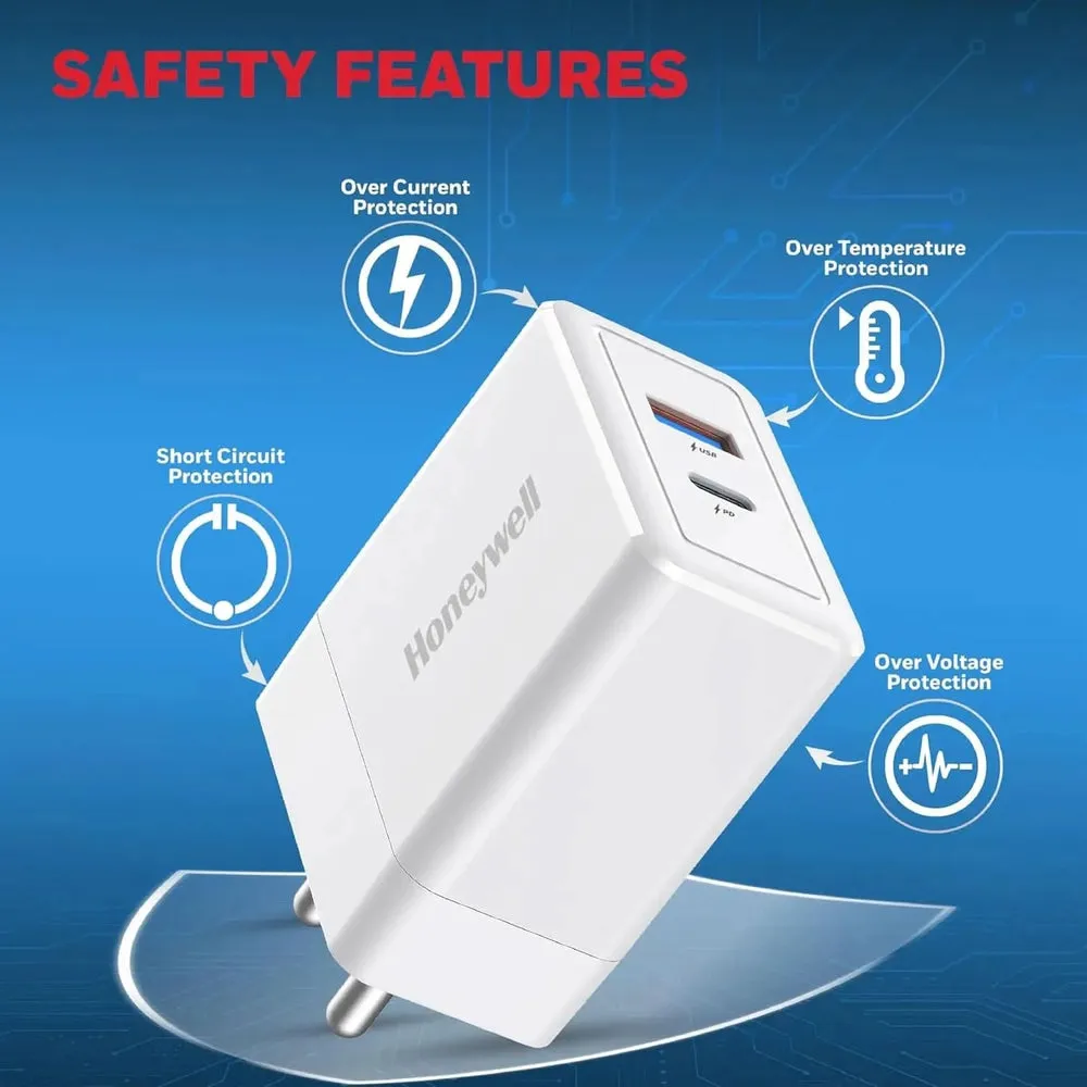 Honeywell Zest PD30W Ultra-Fast Wall Charger with PPS, 1x Type-C PD 3.0 & 1x USB-A Port, BIS Certified, Compatible with iPhone, iPad, Samsung, OnePlus 11/12/13/13R/13T/15/15R, Tablets, Power Banks