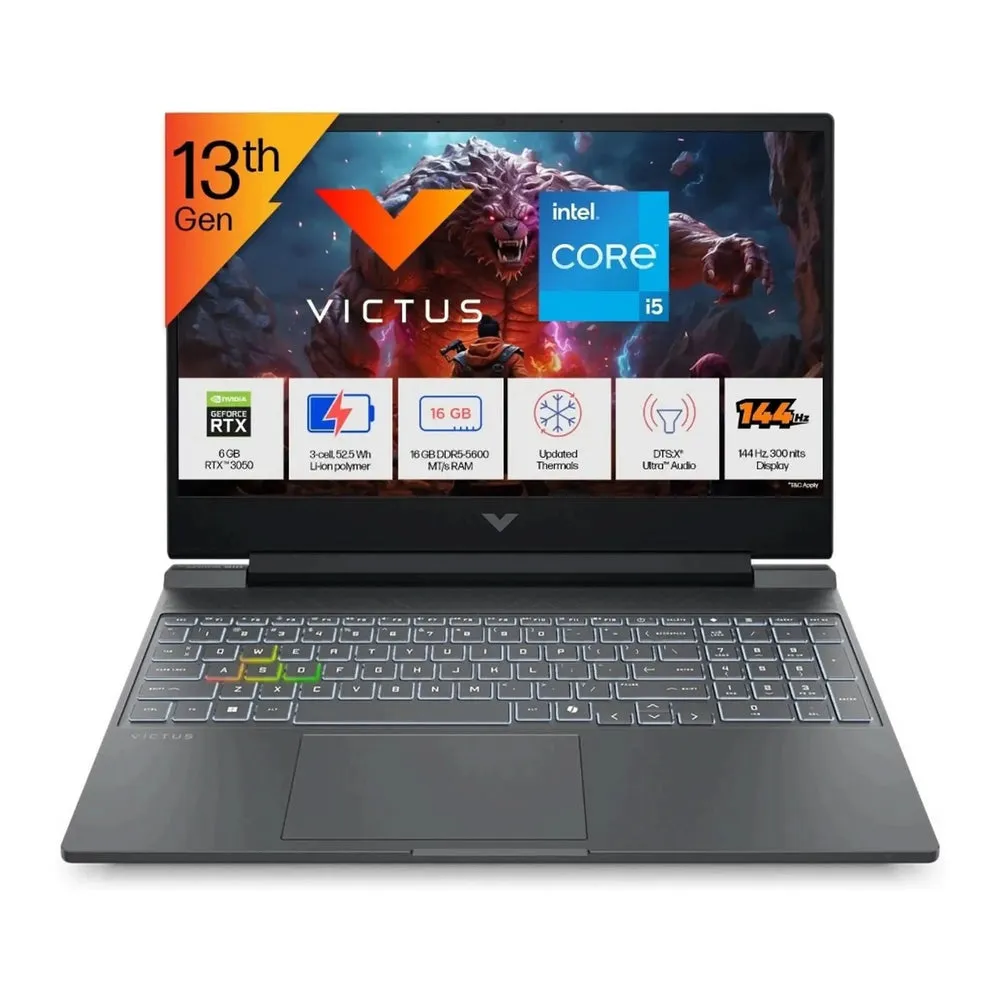HP Victus, Intel Core i5 13th Gen 13450HX, 16 GB RAM, 512 GB SSD, Windows 11 Home, 6 GB Graphics, GeForce RTX 3050, 15.6 inch, Silver, 2.29 kg, With MS Office, 15-fa2652TX Gaming Laptop