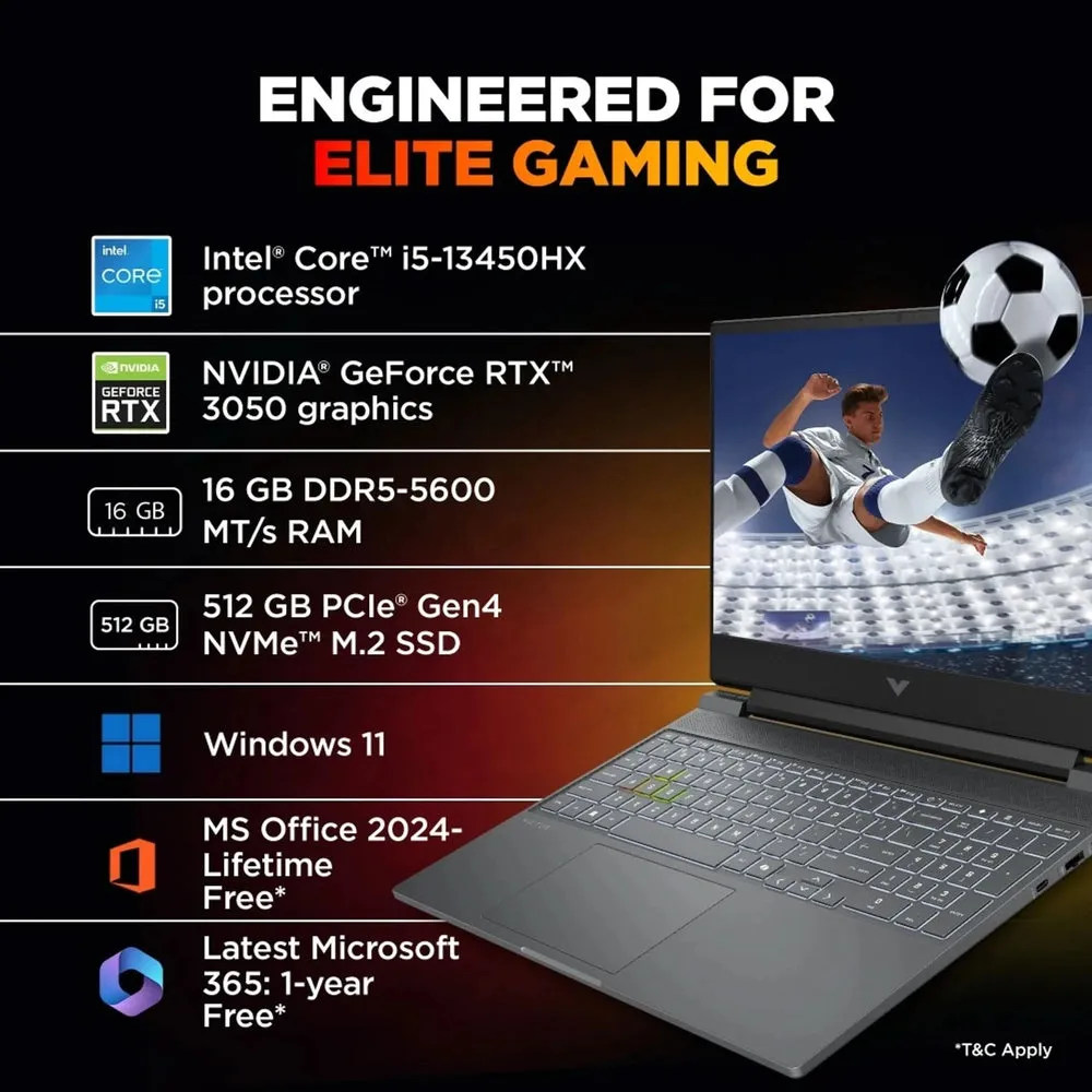 HP Victus, Intel Core i5 13th Gen 13450HX, 16 GB RAM, 512 GB SSD, Windows 11 Home, 6 GB Graphics, GeForce RTX 3050, 15.6 inch, Silver, 2.29 kg, With MS Office, 15-fa2652TX Gaming Laptop